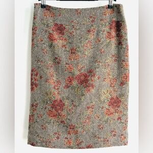 ATL Studio Tweed Pencil Skirt Recycled Wool Brown Floral Knee Length Size 2‎